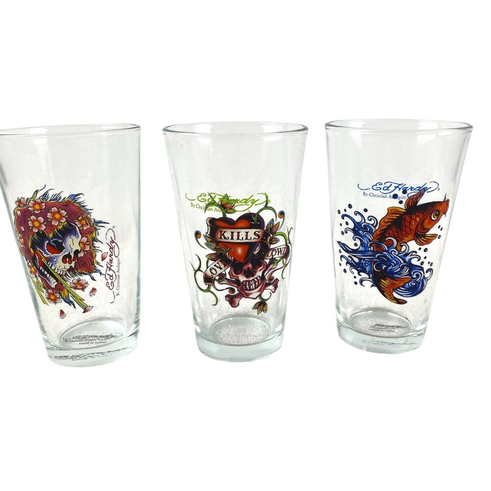 Lot of 3 Ed Hardy Designs Clear 16 Oz Drinking Glasses Different Designs